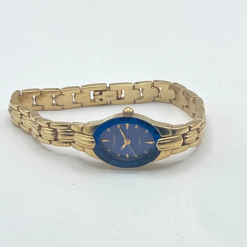 Armitron Now Women's Watch 17mm Gold Tone Blue Dial Faceted New Battery 6.75